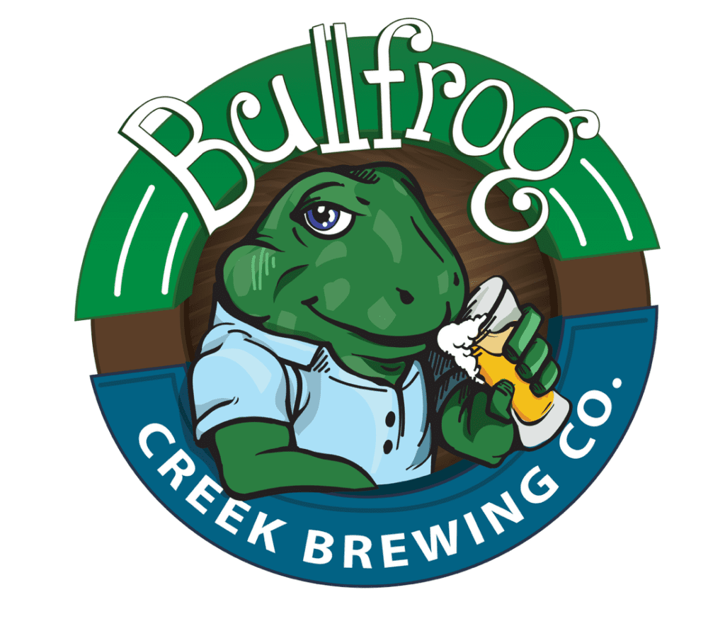The logo of Bullfrog Creek Brewing, featuring a bullfrog perched atop a stylized creek, with bold typography showcasing the brewery's name.