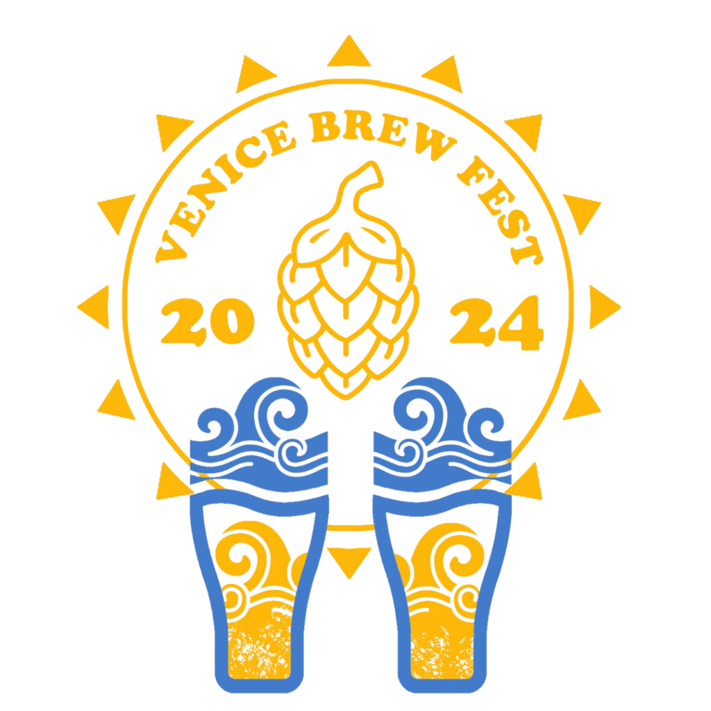 The distinctive logo of the Venice Brew Fest, featuring beautiful artistic pint glasses overflowing in blue and yellow colors, representing the festival's unique identity and focus on local.