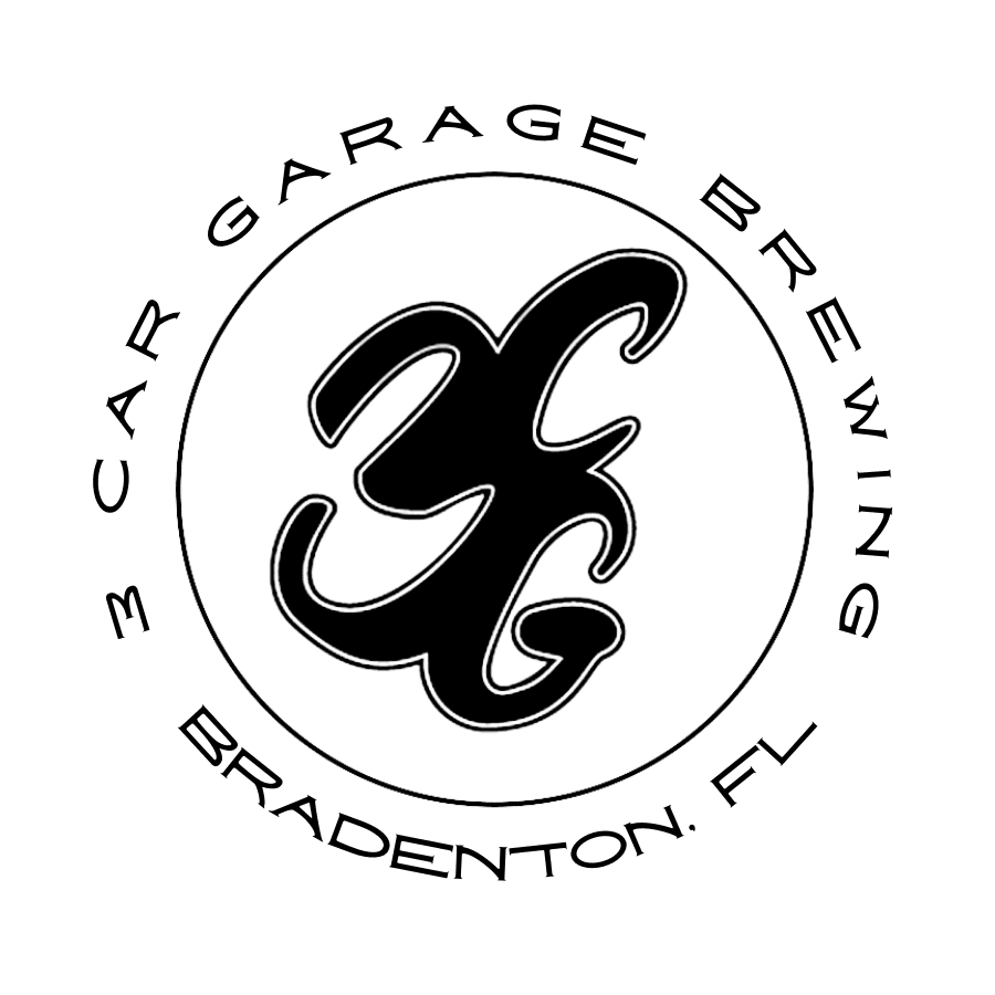 The logo of 3 Car Garage Brewing, featuring a whimsical illustration of the number 3, the letter c and the letter G inside a circle, depicting the brewery's name and location: Bradenton, FL.