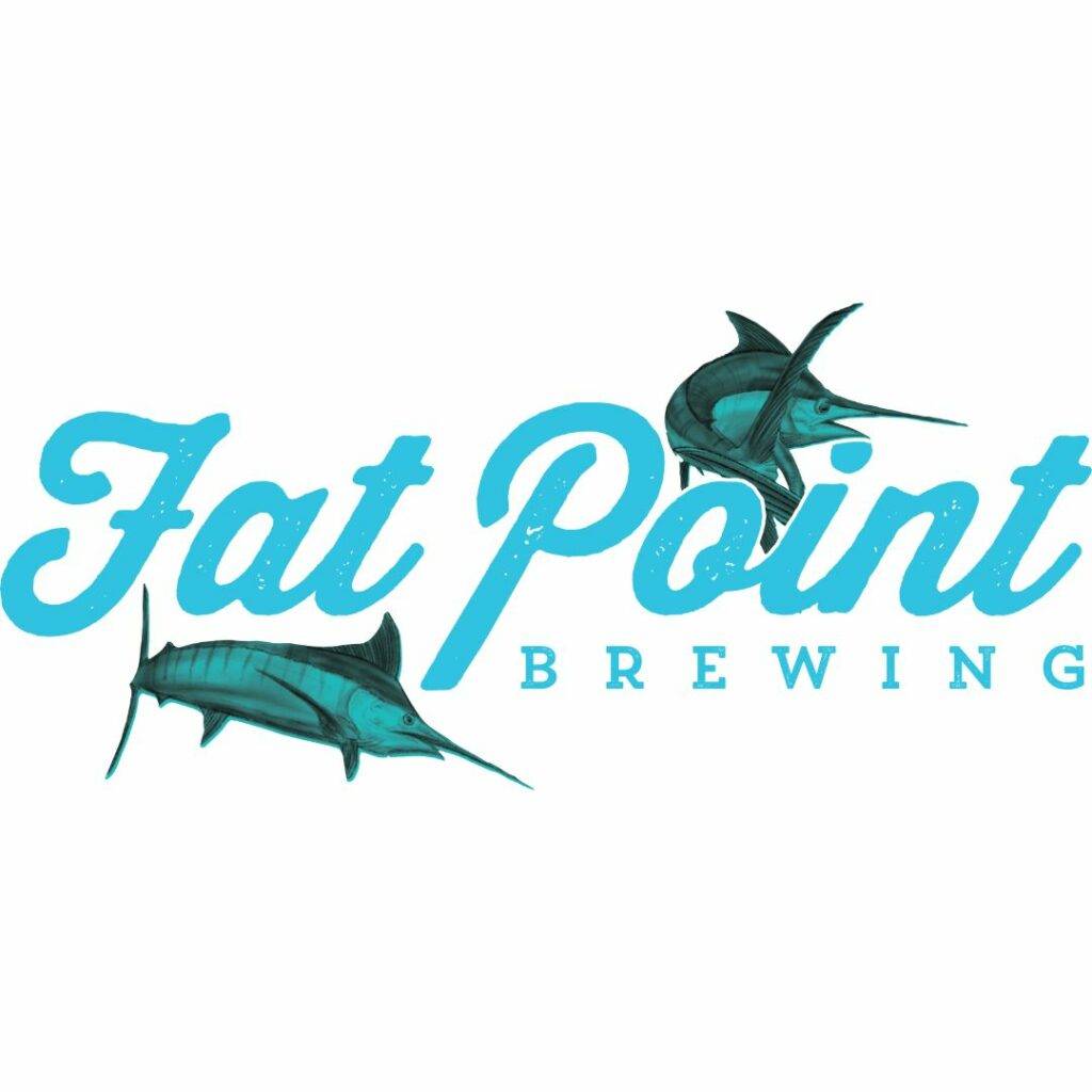 The logo of Fat Point Brewing, showcasing two teal long-nosed fish, with bold typography displaying the brewery's name.