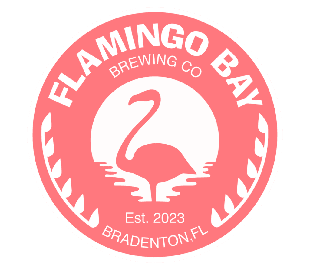 The logo of Flamingo Bay Brewing Co, featuring a flamboyant flamingo against a coastal backdrop, with bold typography displaying the brewery's name, date established and location: Bradenton, FL