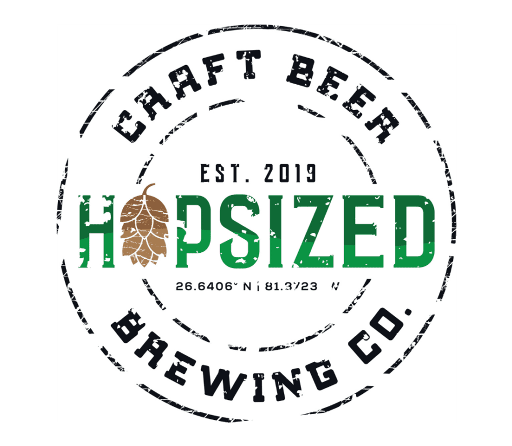 The logo of Hopsized Craft Beer Brewing Co, showcasing a stylized hop cone and industrial typography, with the brewery's name, latitude and longitude coordinates, date established and location: Tampa, FL.