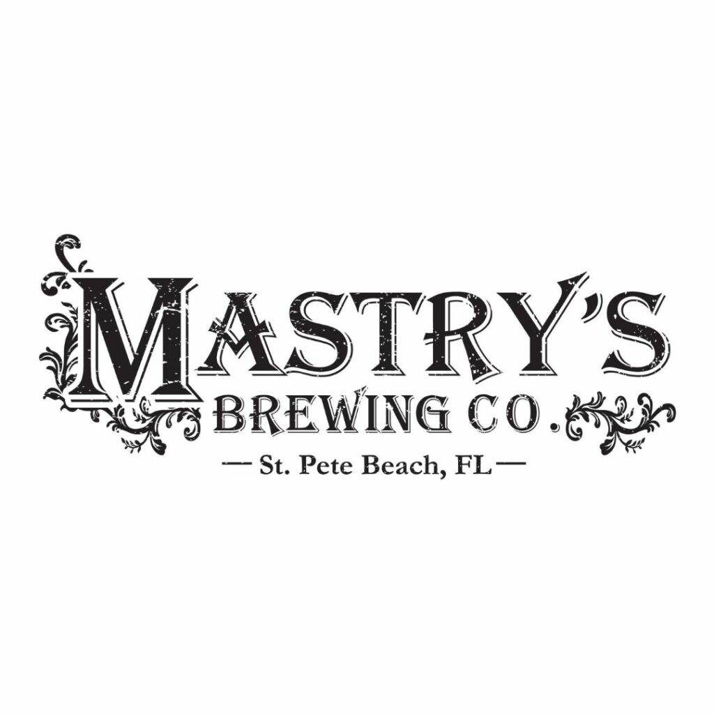 The logo of Mastry's Brewing Co, featuring a stylized ivy in black and white, with unique typography indicating the brewery's name and location: St. Pete Beach, FL
