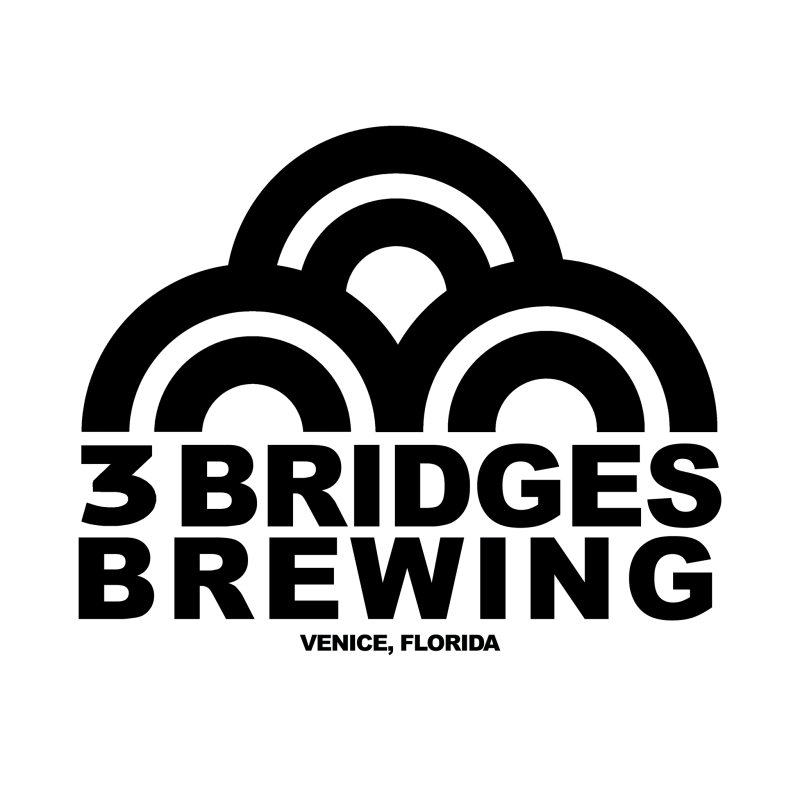 The logo of 3 Bridges Brewing, featuring three stylized bridges spanning over a flowing river, symbolizing connection and community, with bold typography showcasing the brewery's name.